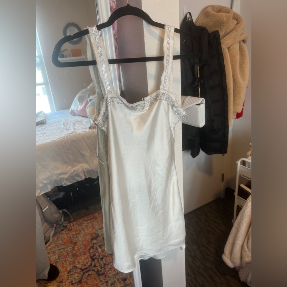 Zara New Woman Short white satin rhinestone mini dress